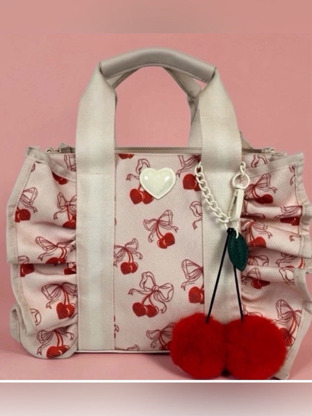 NEW LUV BETSEY JOHNSON Pink Red Cherry RUFFLE TOP HANDLE crossbody pompom Bag - Picture 9 of 16